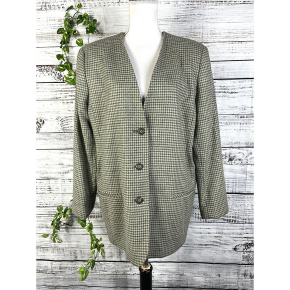 Vintage Alfred Dunner Blazer Jacket size 14 Sage Green Gray Hounds Tooth Wool - Picture 1 of 16